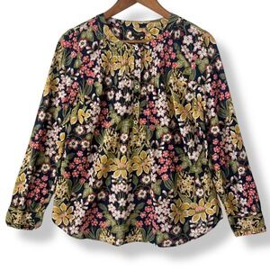 Talbots Petite LP 100% Cotton Floral Pintuck Popover Blouse Navy Cottagecore